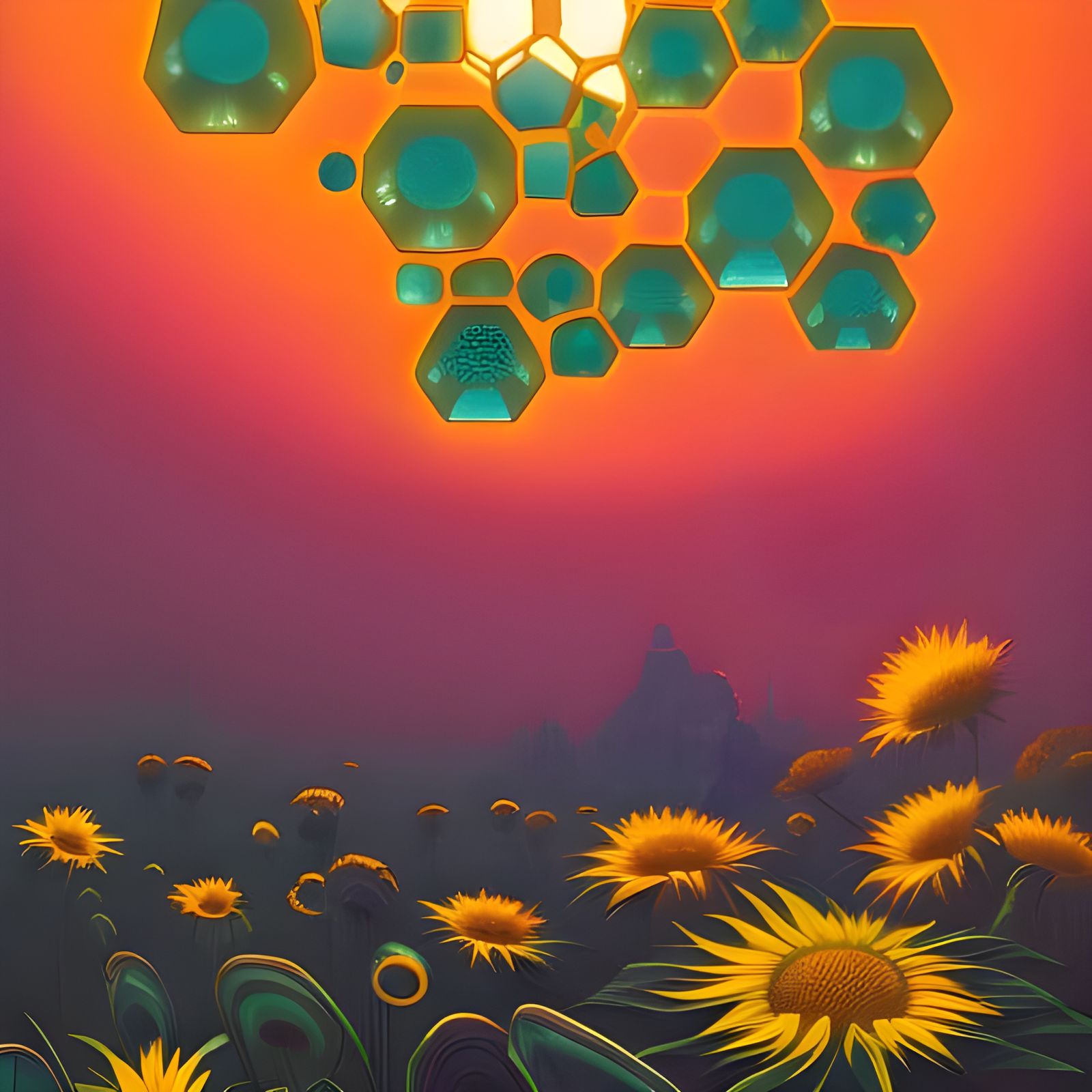 Jade Sunflower Gardens in Hexagons: Digital Art