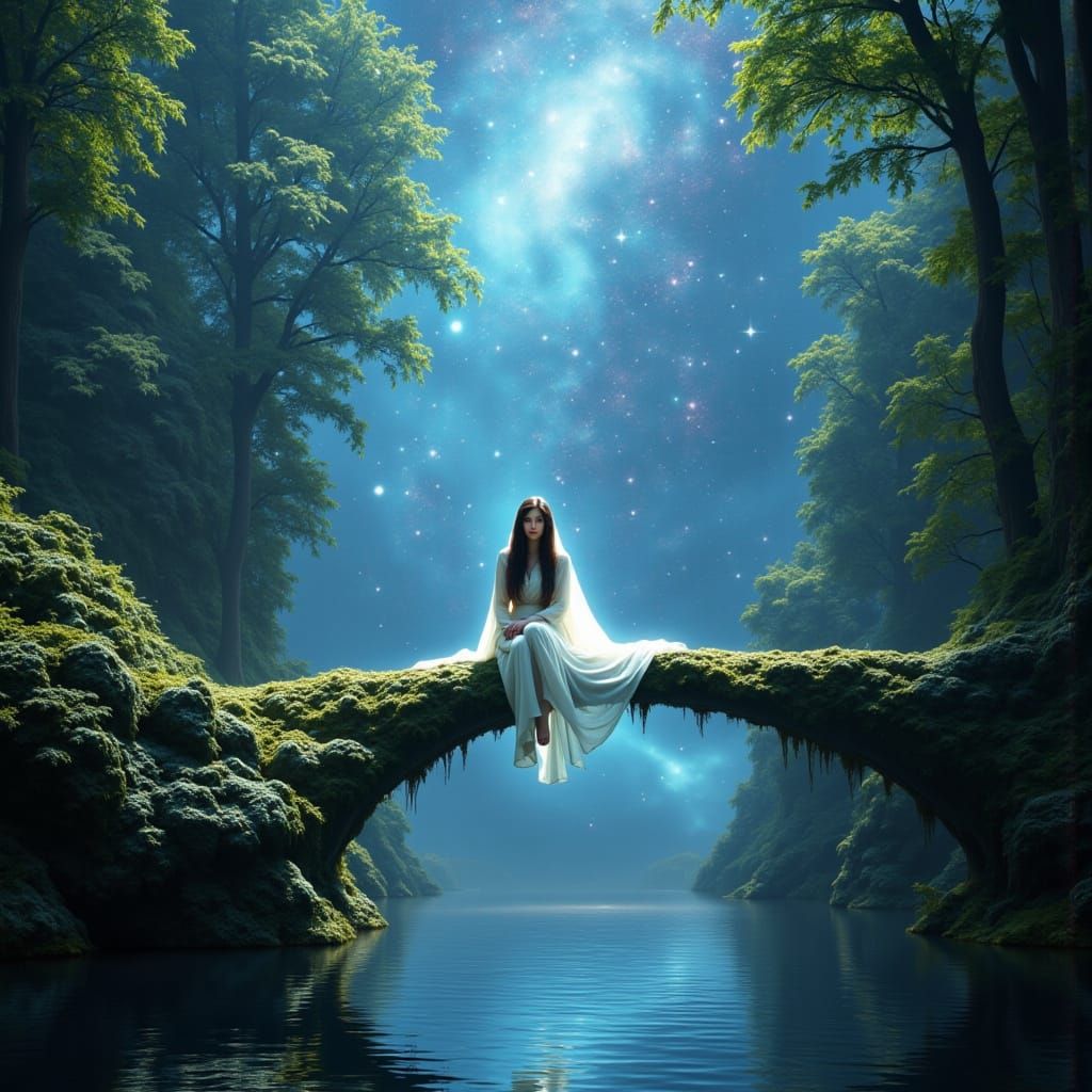 Surreal Goddess on Crystal Bridge amidst Galaxy and Lush For...