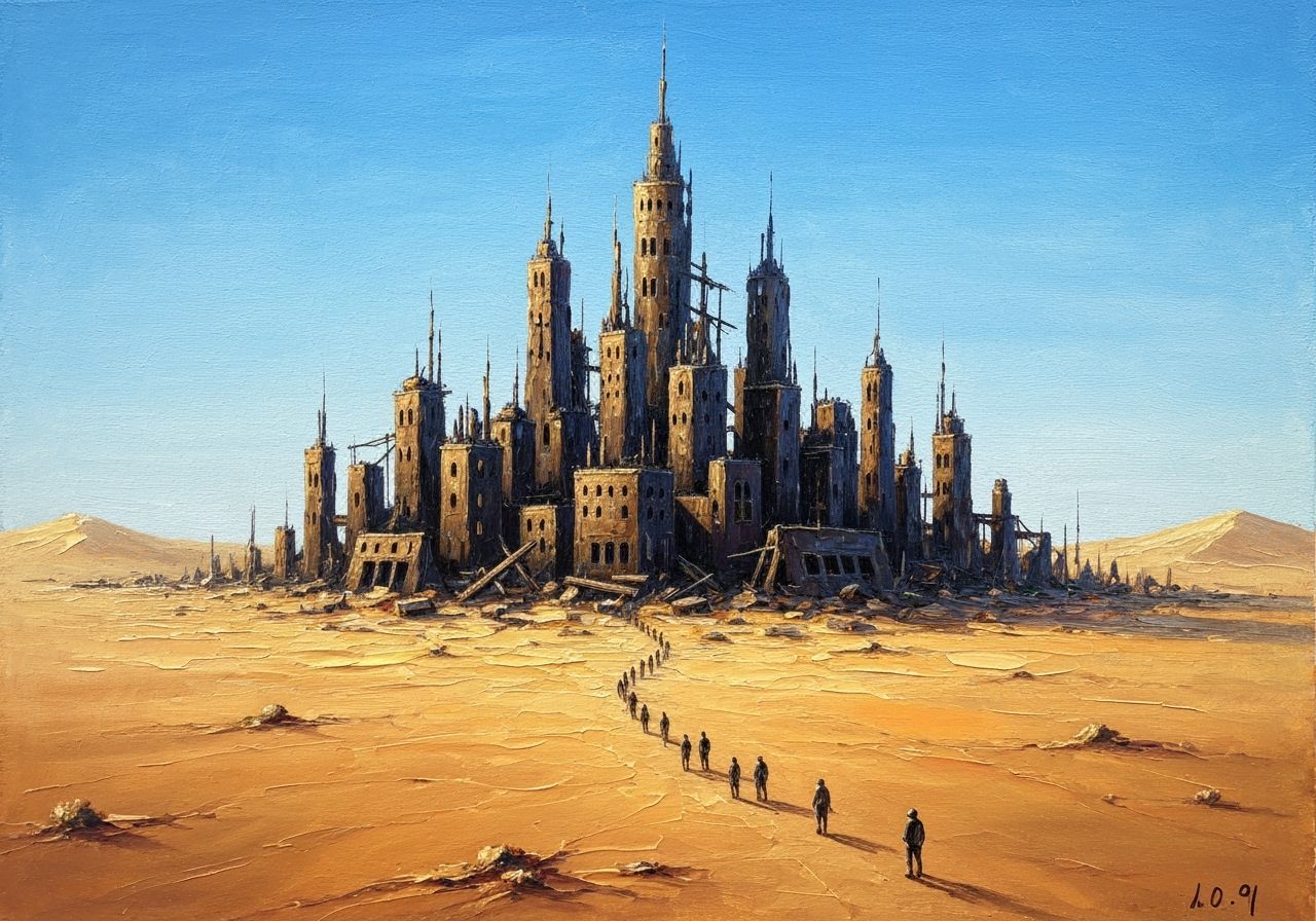 Bronze City in Desert Approached by Tiny Figures