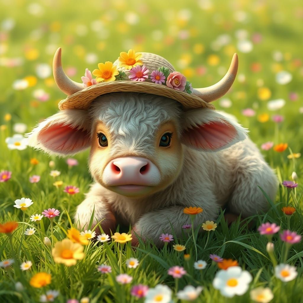 Baby Highland Cow in Meadow, Anime Style