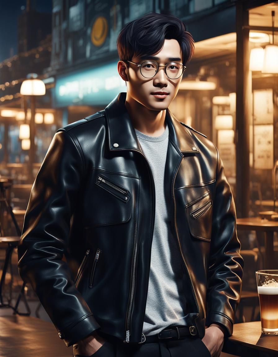 Smiling Korean Man in Cafe at Night