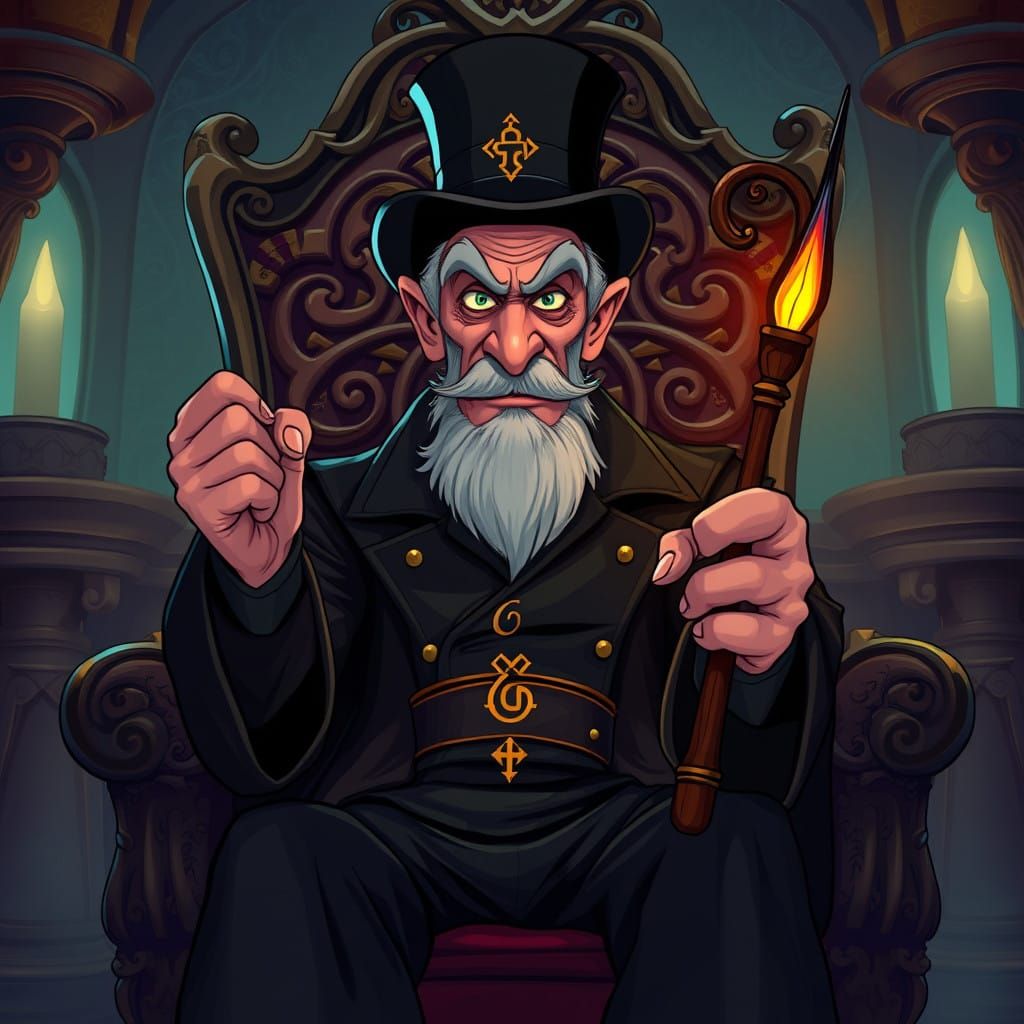 Sly Wizard Seated on Throne, Surrounded by Mystical Symbols