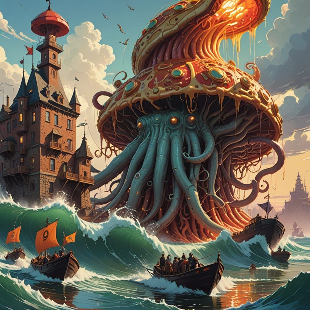Medieval Pizza Castle Under Siege by a Kraken