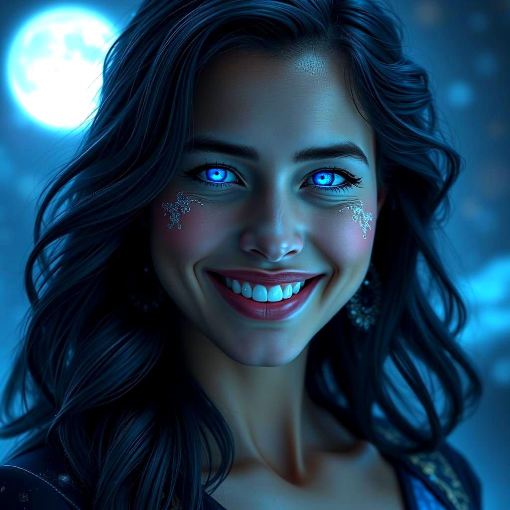 Salma Hayek Smiling Under Blue Moon: Matte Painting