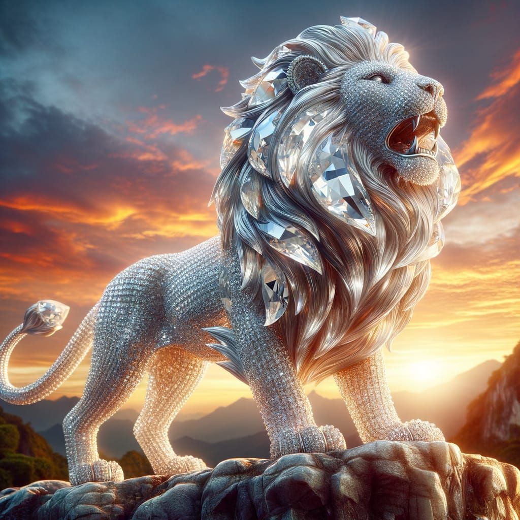 Diamond Lion Sculpture in Dazzling Sunlight
