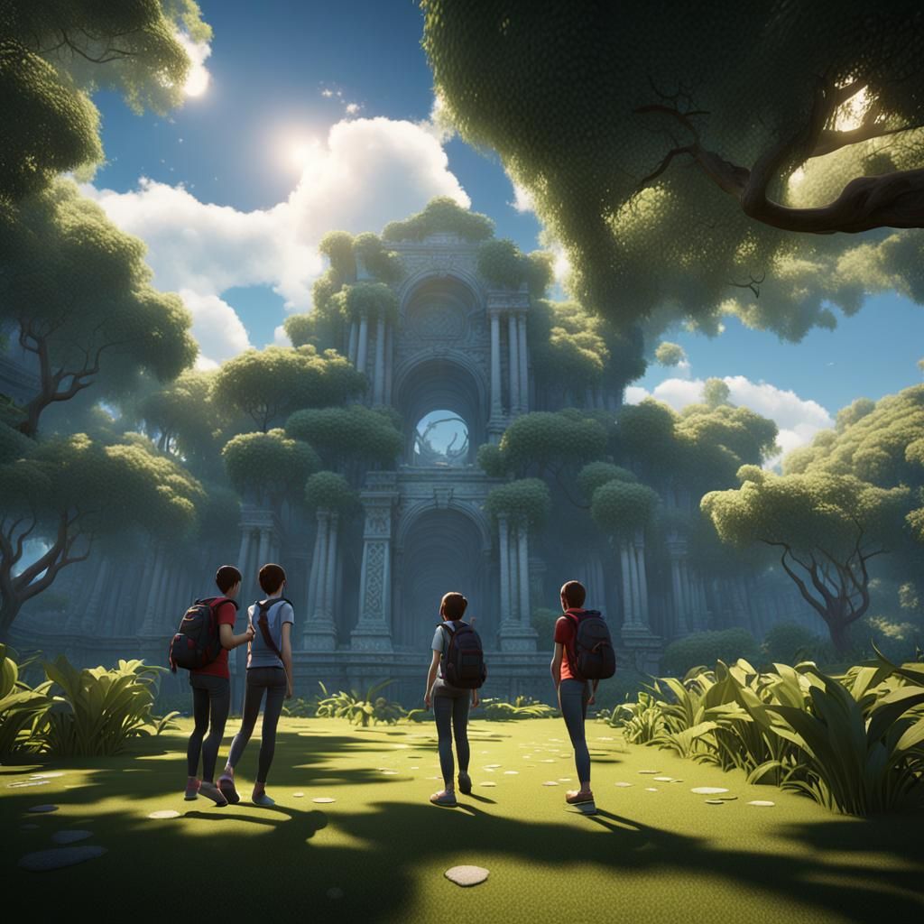 Youths Seek Truth in Garden of Letter-Clouds