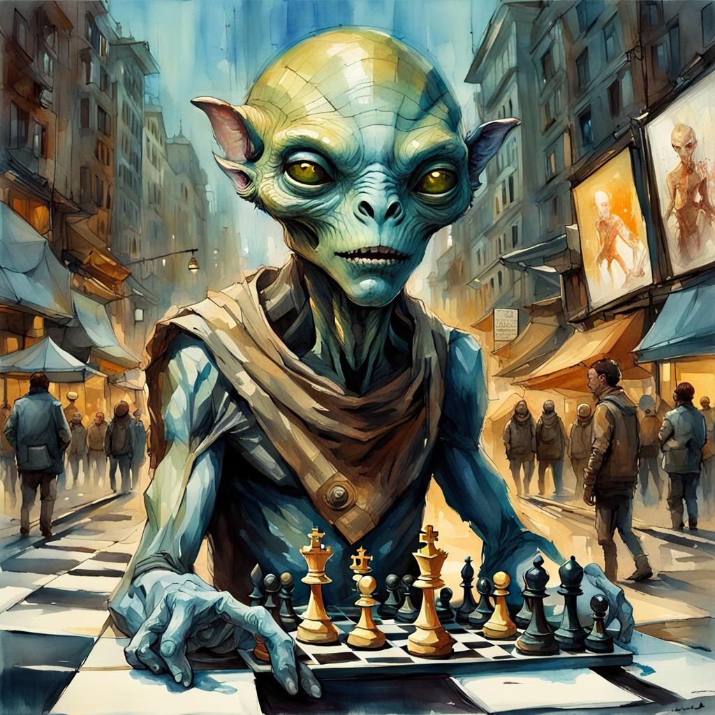 Friendly alien creature plying chess on the street.
