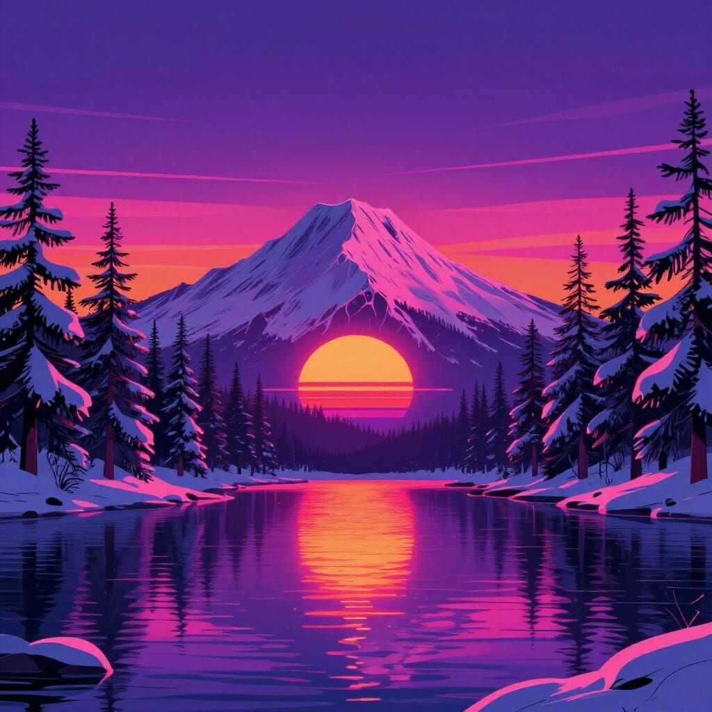 Synthwave Neon Sunset Over Snowy Mountains