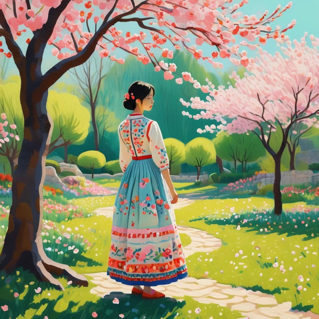 Woman in Garden: Fauvist Folk Art Digital Painting