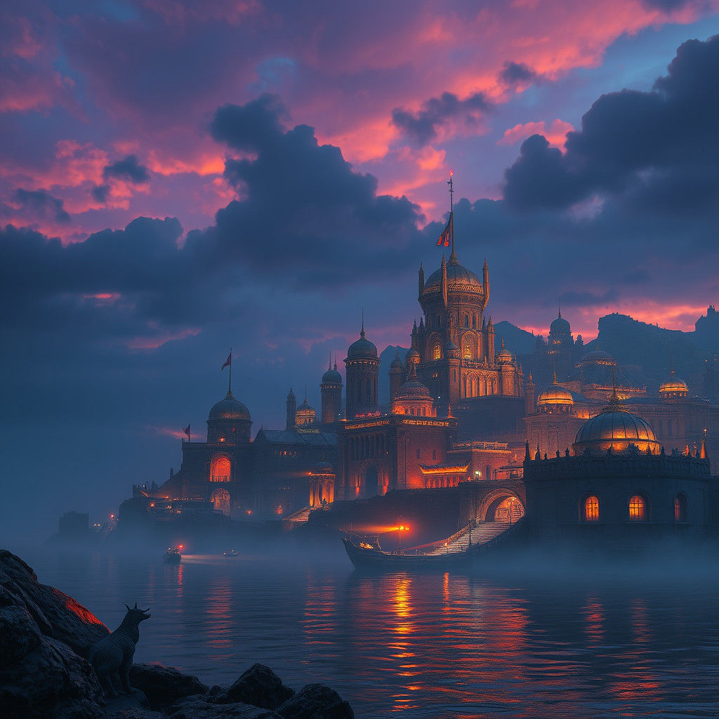 Mystical Coastal City at Twilight in Matte Painting Style