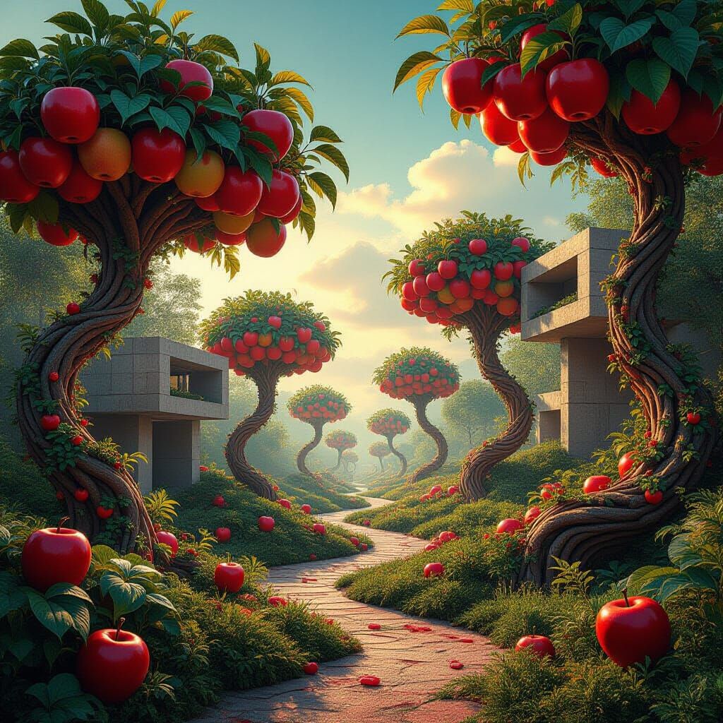 Surreal Apple Jungle Landscape in Impasto Style