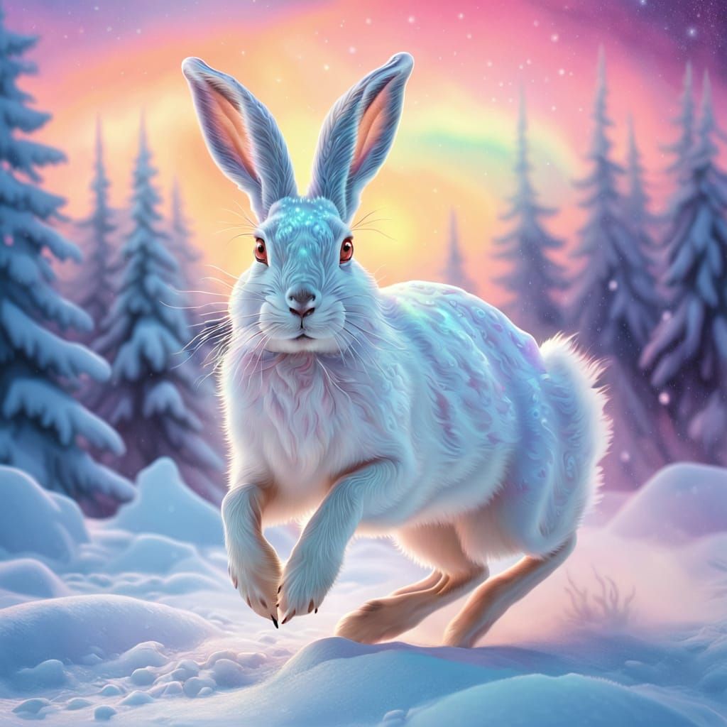 Albino Hare Leaps Through Aurora Borealis: Oil Painting