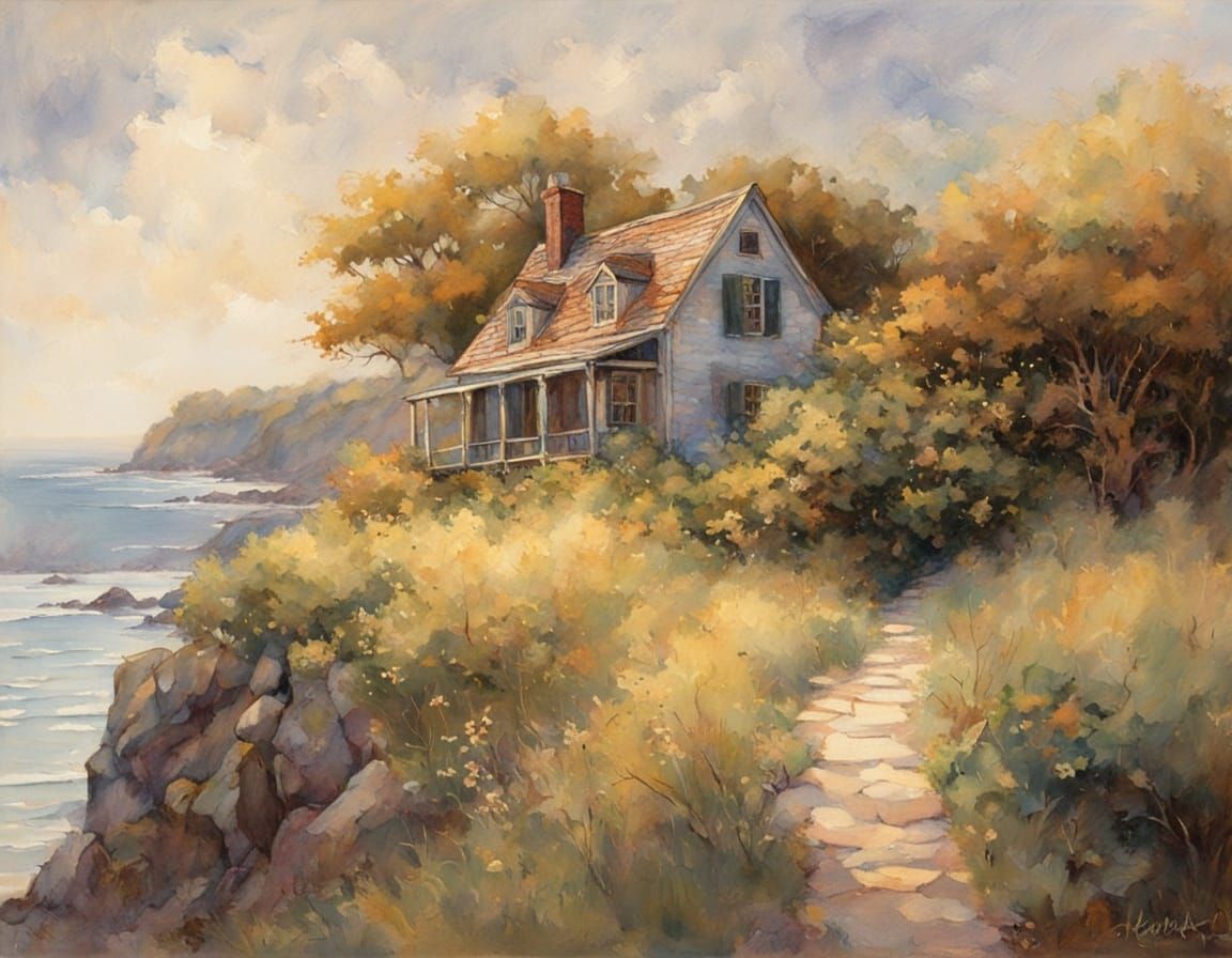Ethereal Coastal Cottage in Warm Watercolor Style