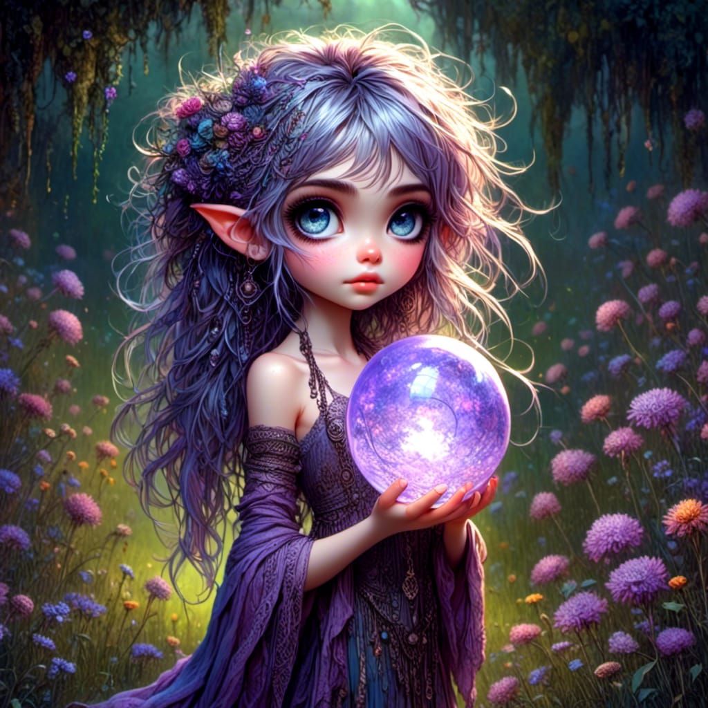 Adorable Chibi Girl with Glowing Sphere in Garden