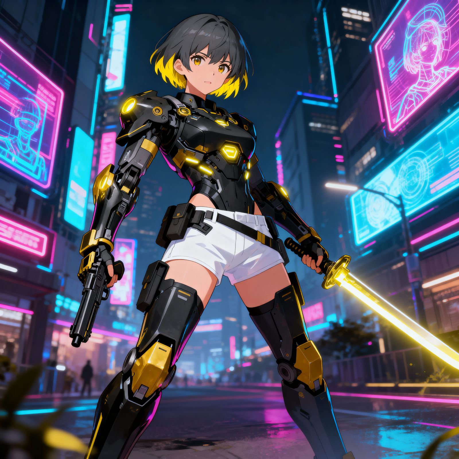 Anime Mecha Girl with Sword and Pistol in Cyberpunk City