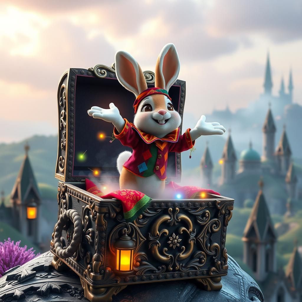 Whimsical Bunny Jester Leaps from Antique Toy Box