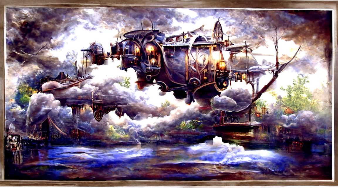 Steampunk Flying Boat in Ethereal Sky