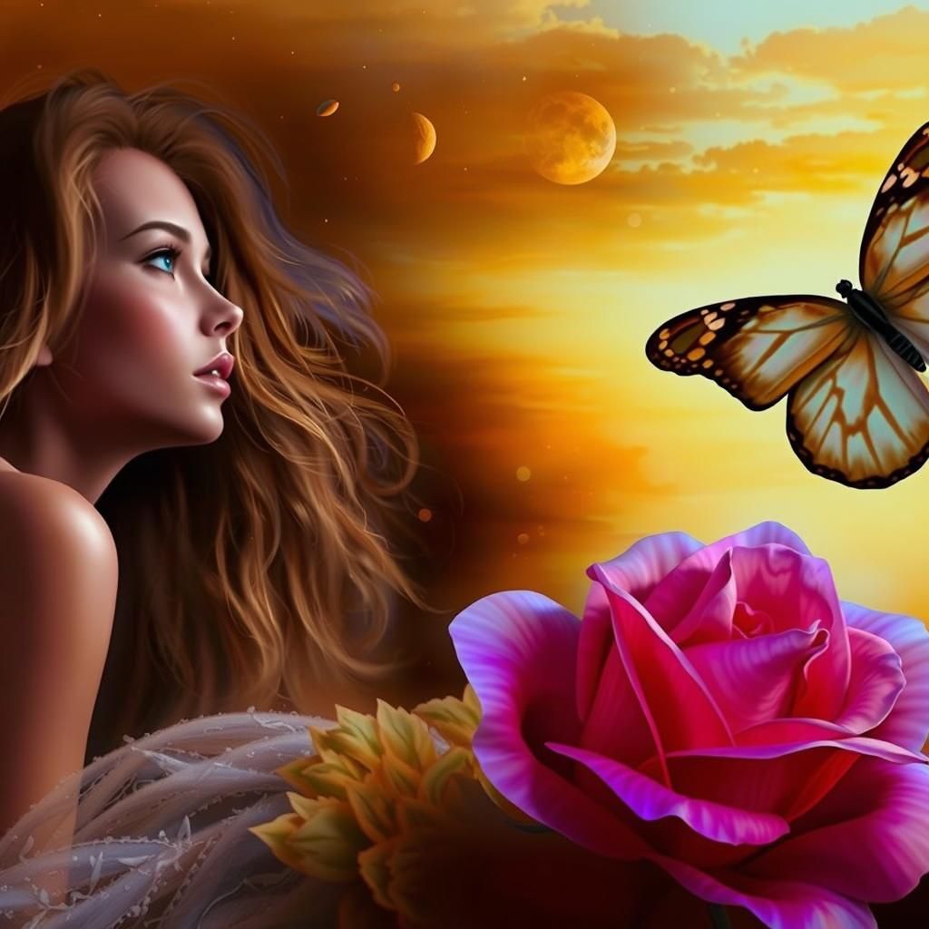 Woman with Long Hair on Rose in Fantasy Art