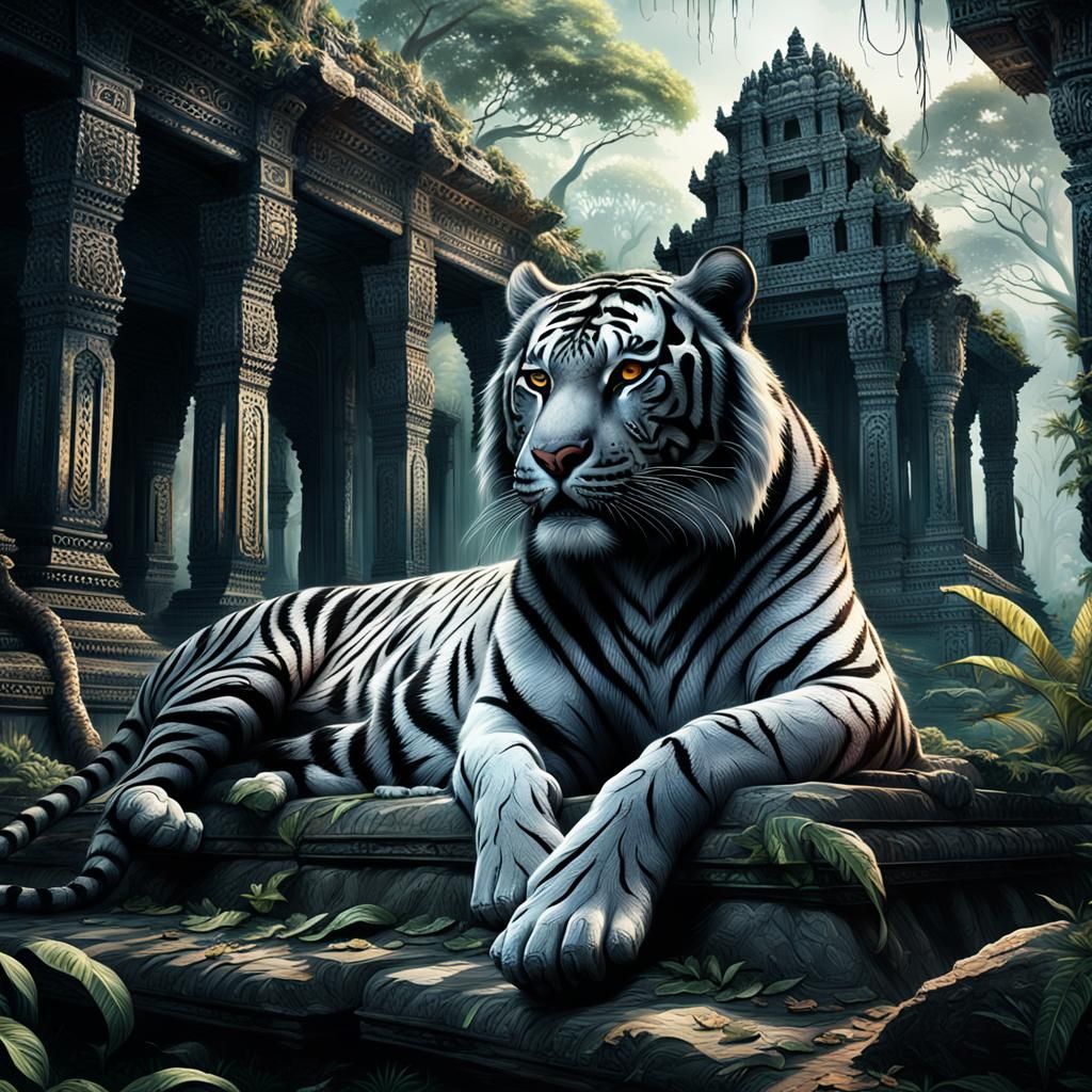 Black Tiger Lounging in Ruined Temple