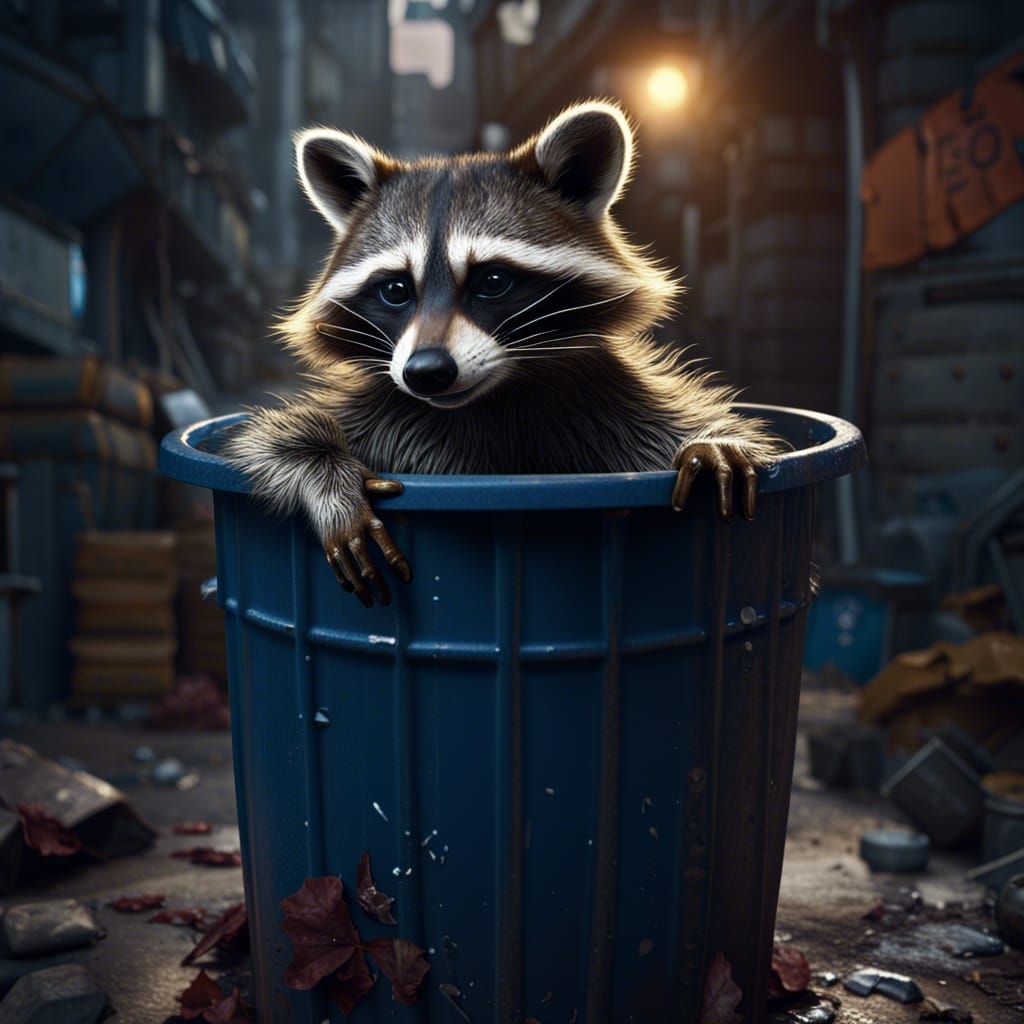 Raccoon in Trash Can: Detailed Matte Painting