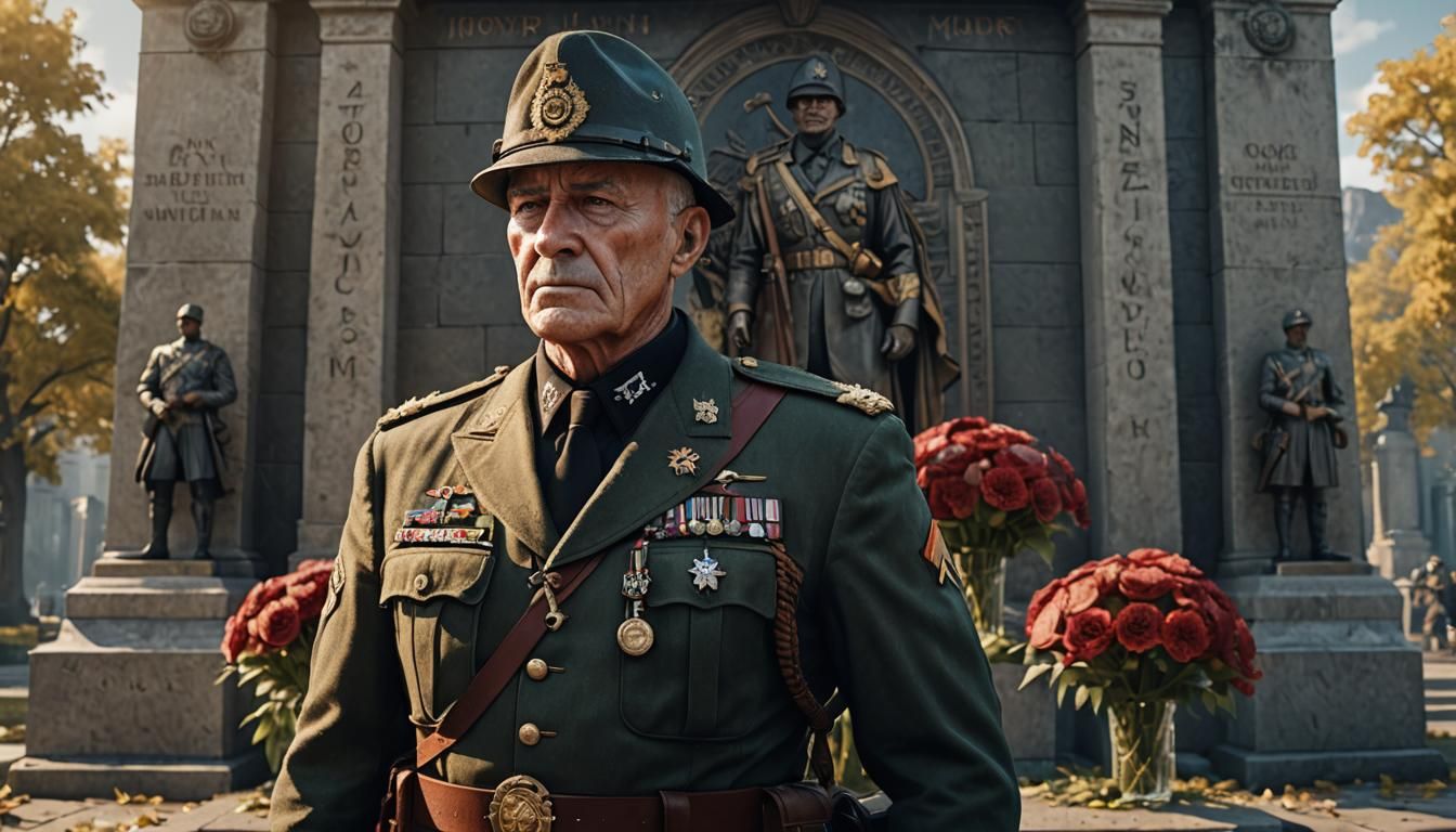 Solemn Veteran at War Memorial in Anime Style