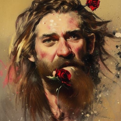 Handsome Bearded Man with Rose, Oil Painting Portrait