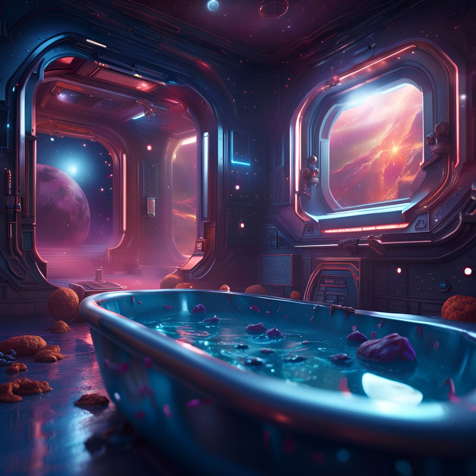 Intergalactic Bathtub in Outer Space: 3D Render