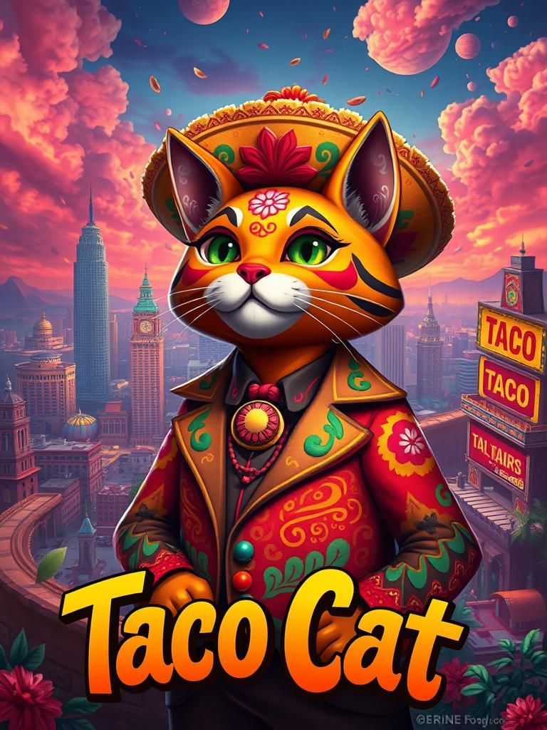 Anthropomorphic Taco Cat in Surreal Mexican Cityscape