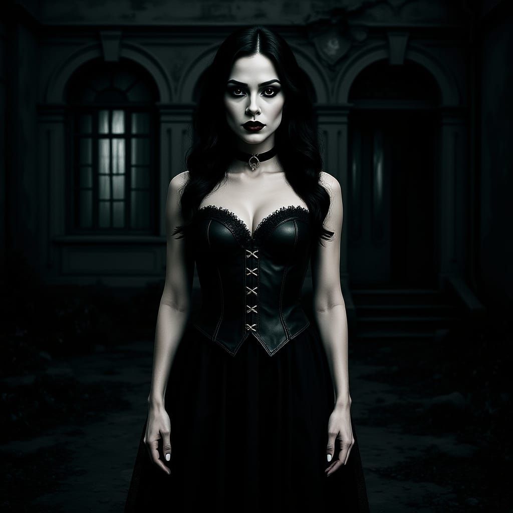 Gothic Beauty Before Victorian Mansion