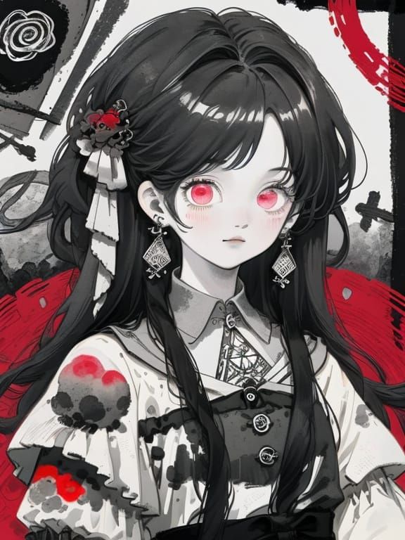 Expressionist Portrait with Crimson Hair in Mixed Media Styl...