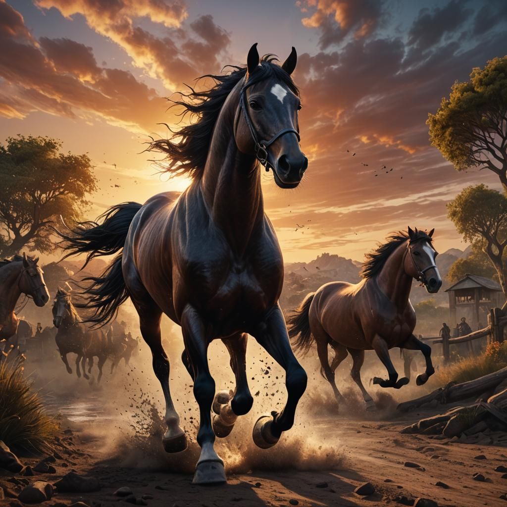 Horse Running into Sunset: Detailed Matte Painting