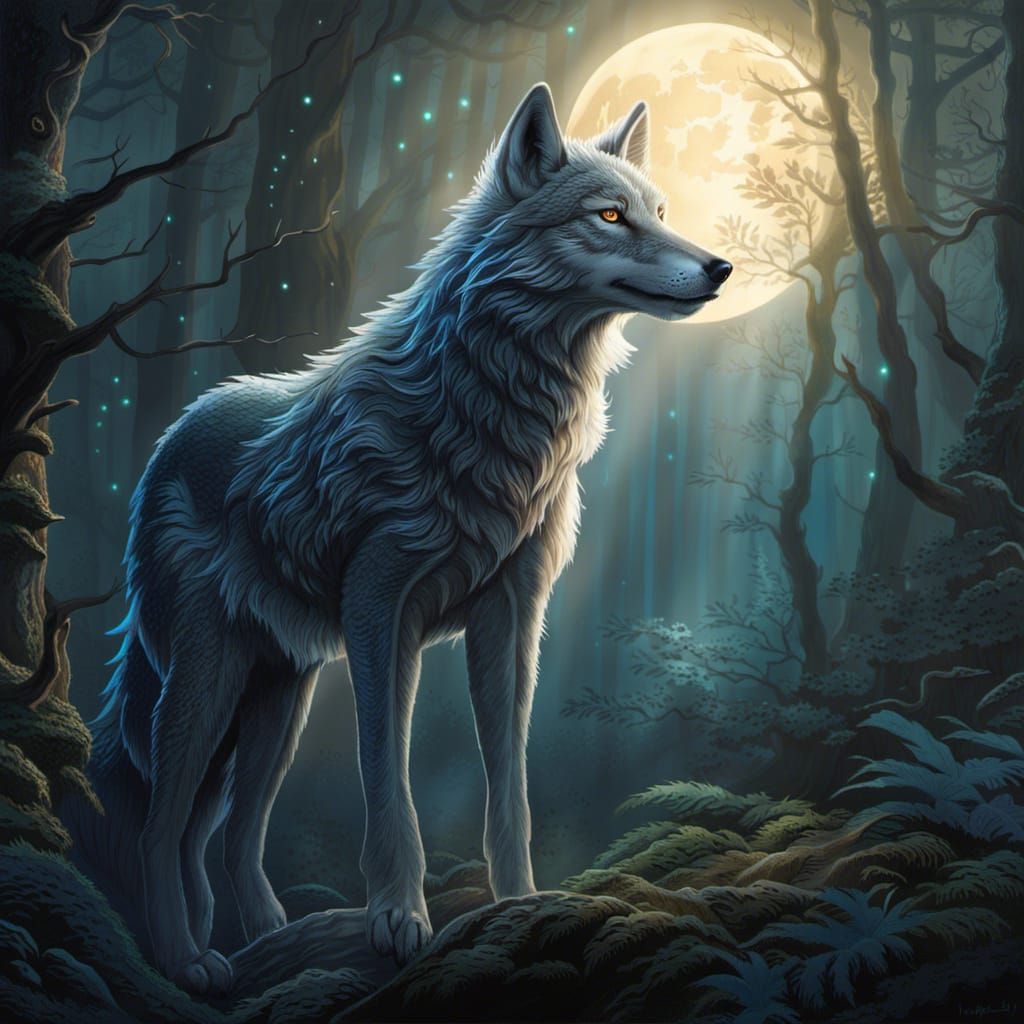 Wolf Dragon Hybrid Prowls Moonlit Forest