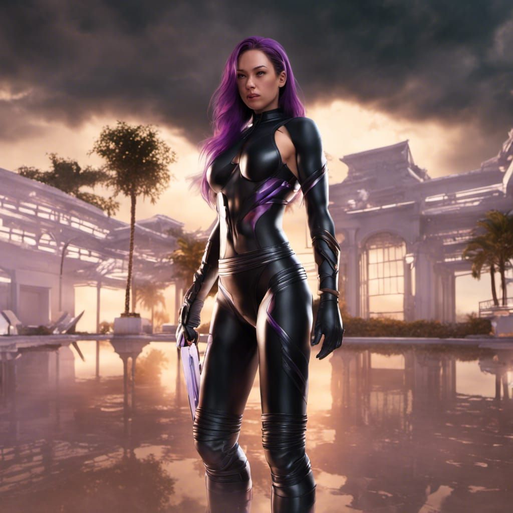 Psylocke in Black Bikini Poolside: Matte Painting