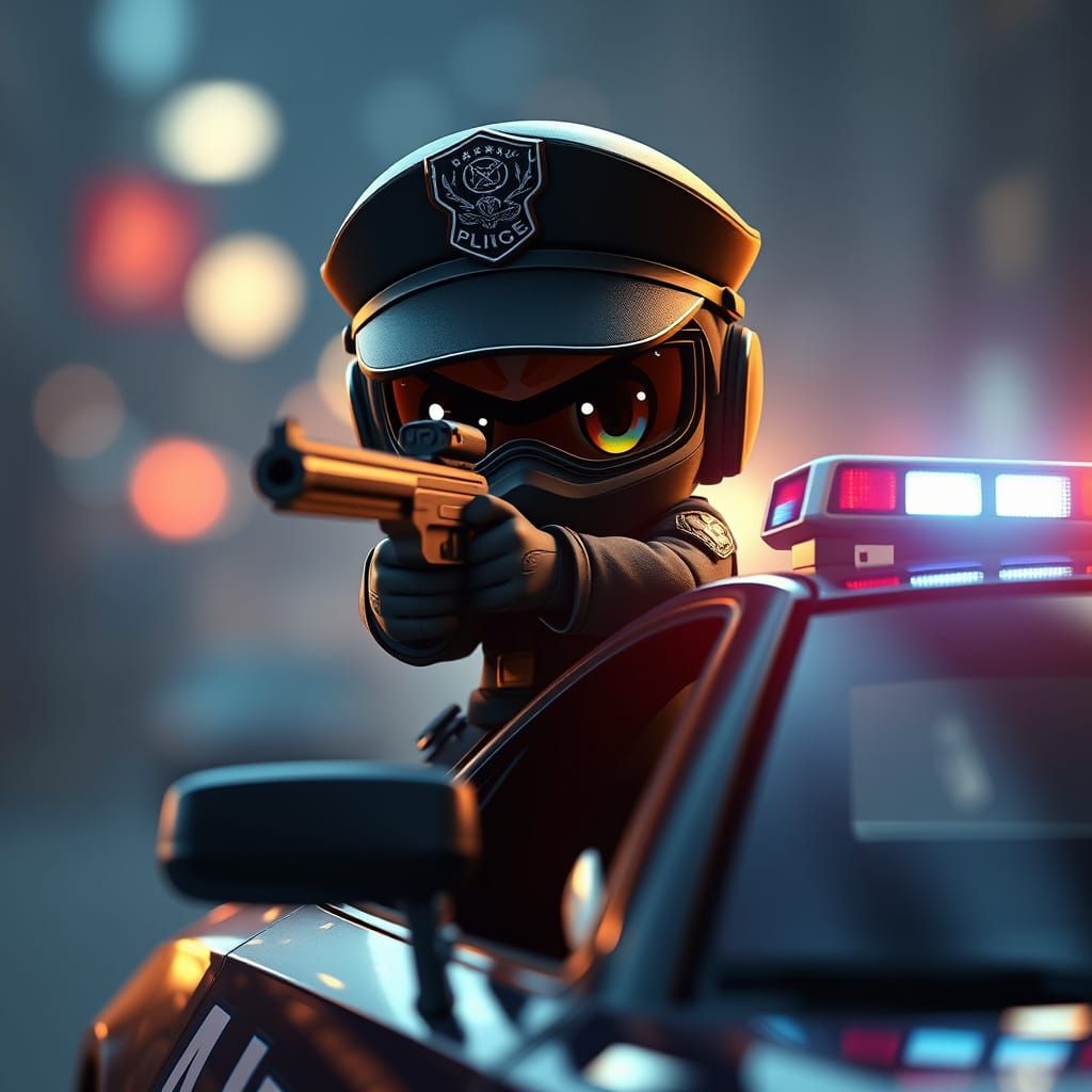Chibi Police Officer shooting a gun over the side of his squad-car