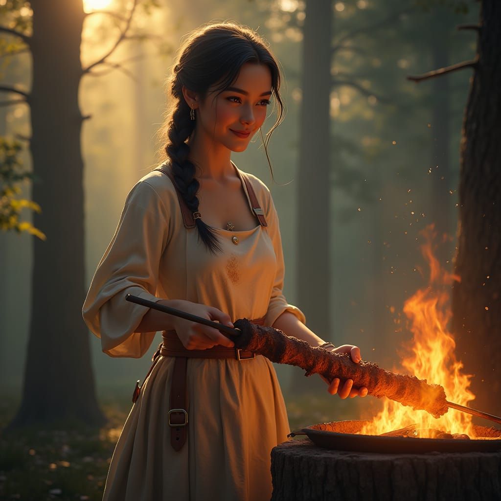Woman Cooking Over a Fantasy Forest Fire
