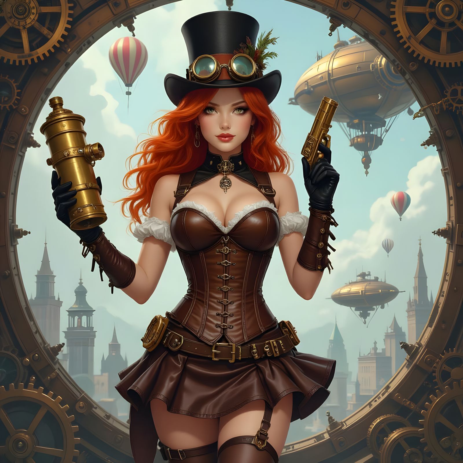 Steampunk Redhead with Brass Cylinder and Airship