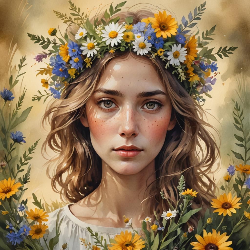 Romantic Realism Portrait with Wildflower Wreath