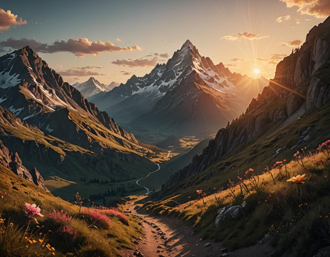 Majestic Mountain Range at Sunrise: Digital Matte Painting
