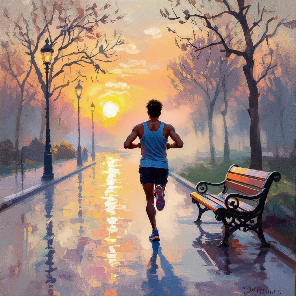 Man Stretching at Sunrise in Foggy Impressionistic Oil Paint...