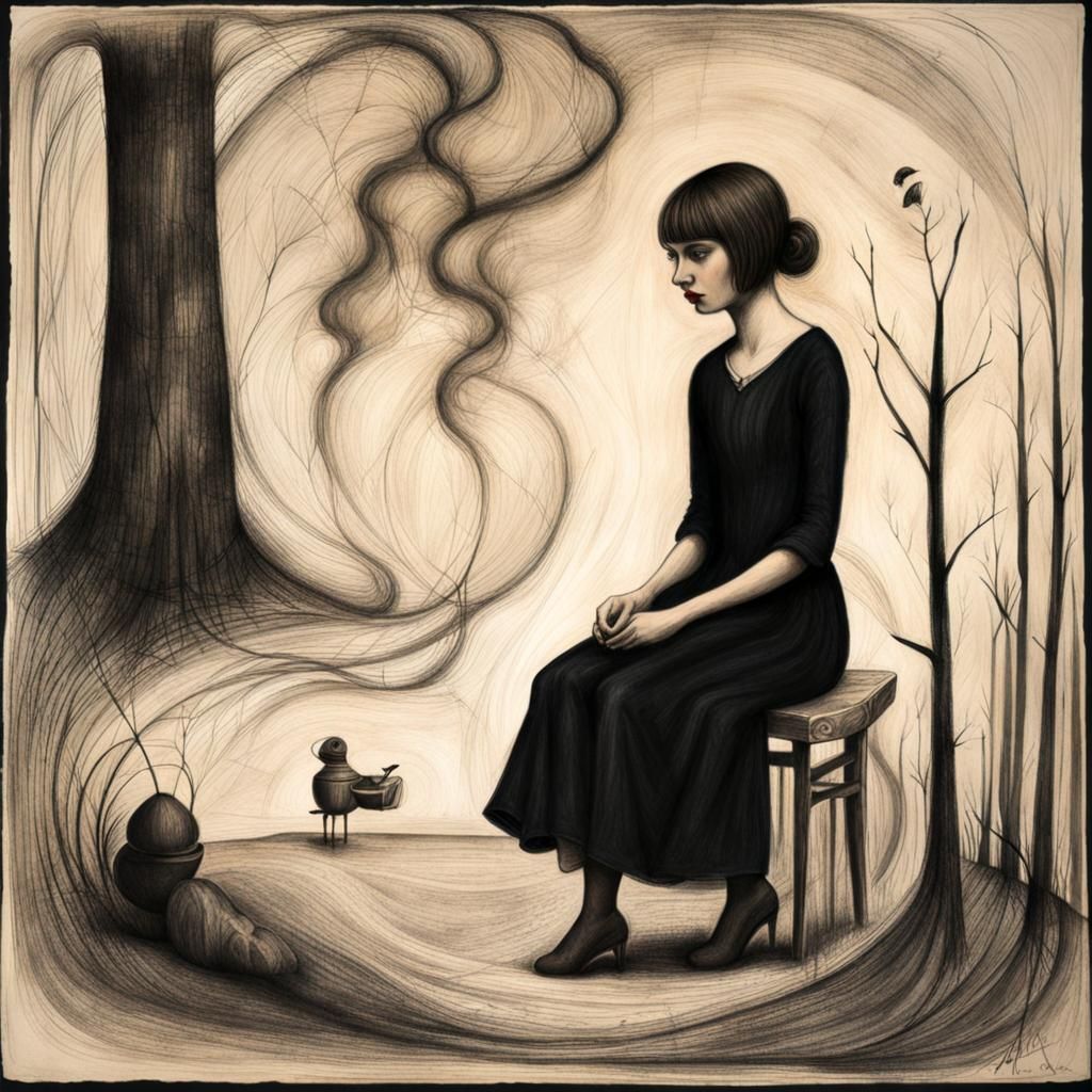 Girl in Art Brut Style with Pencil, Ink, Charcoal