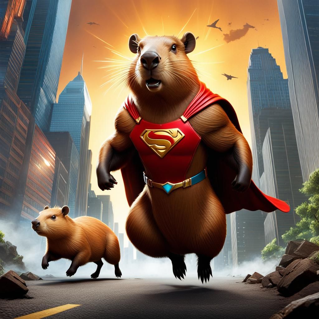 Capybara Superhero Flies to Battle in Comic Art