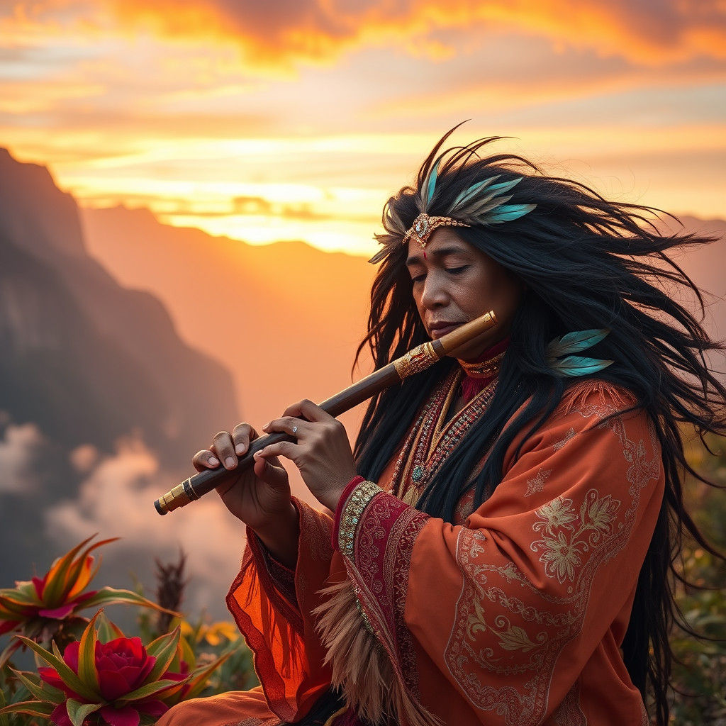 Ecuadorian Musician Playing Flute at Dusk