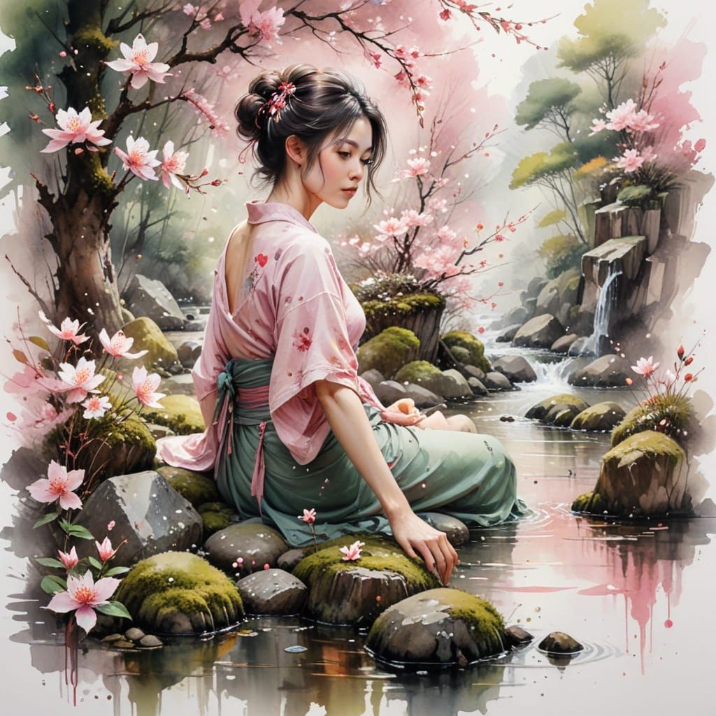 Kyoto Cherry Grove with Teahouses and Blossoms