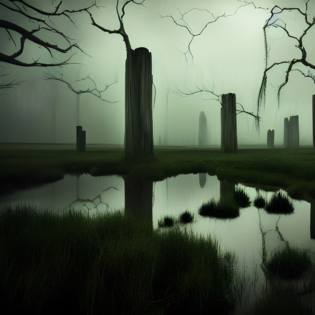 Surreal Wetlands with Giant Pillars in 1900s Photo Style