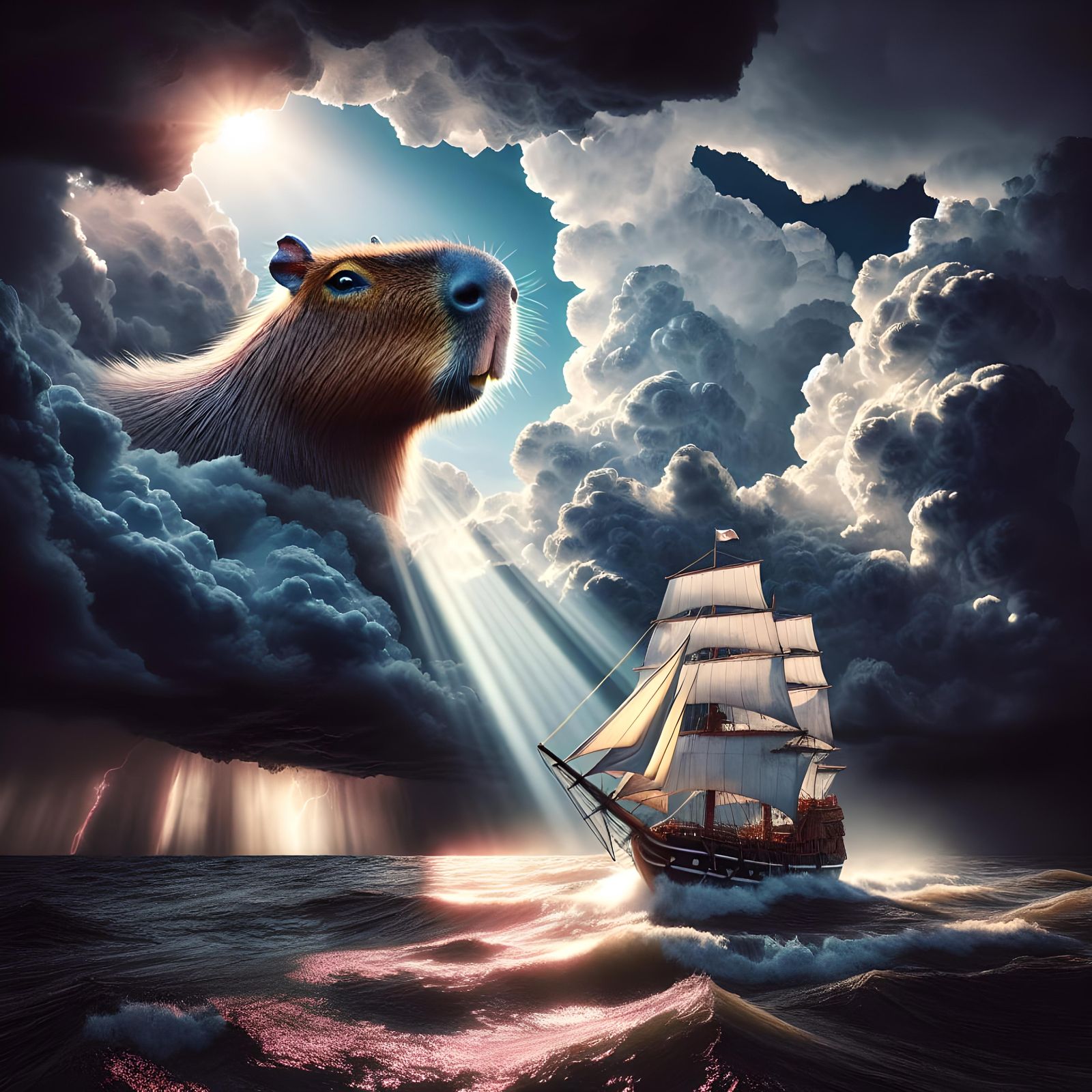 Capybara Sails Through Storm: Hyperrealistic 8K Image