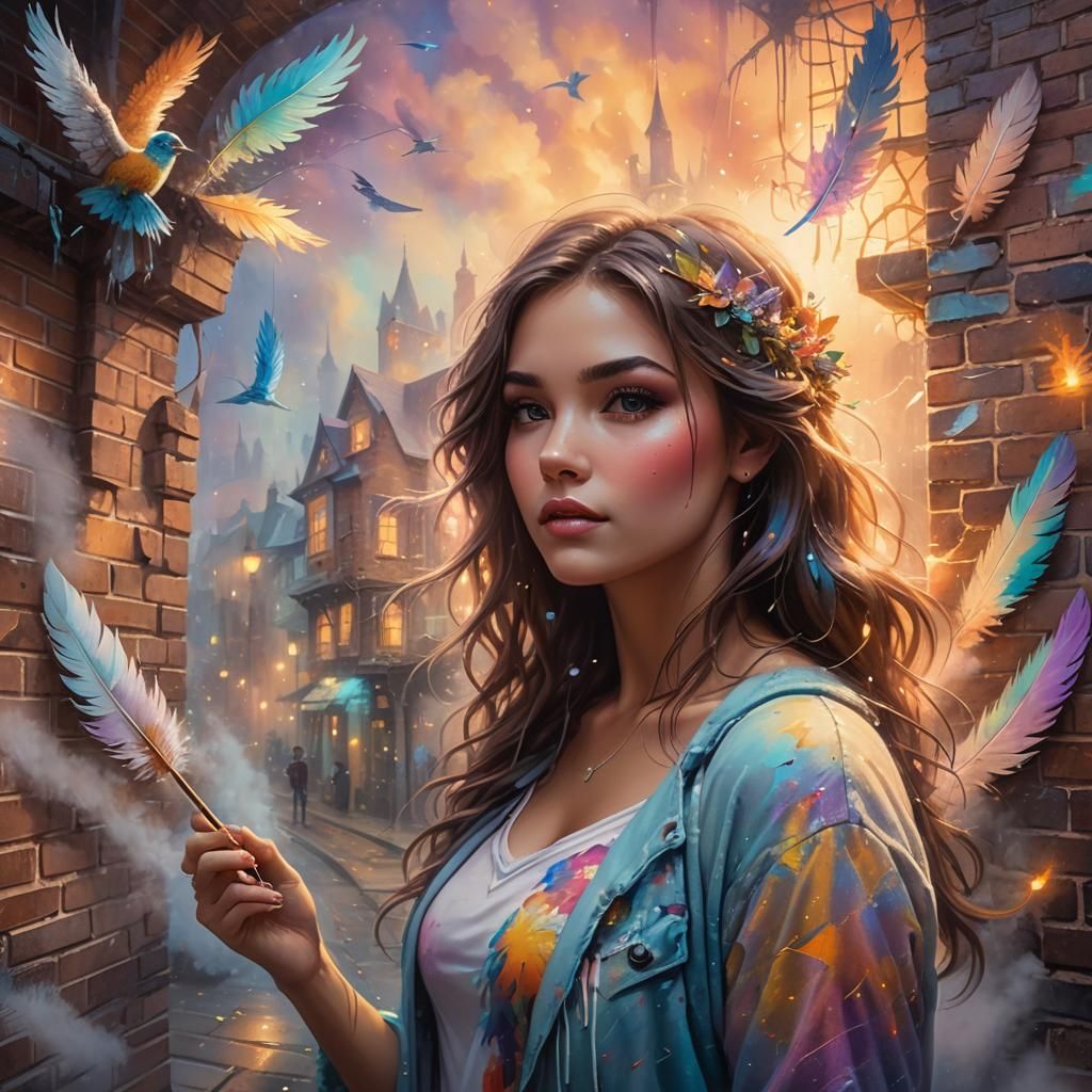 Ethereal Graffiti Art: Girl Paints Mural in Mist