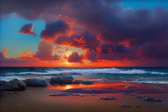 Sunset on rocks and sea
