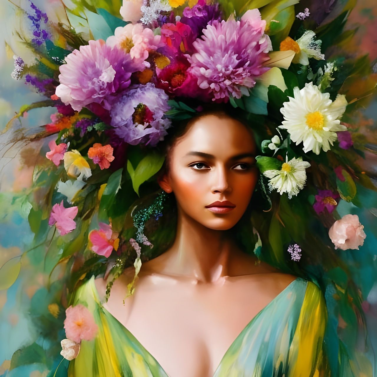 Floral Woman Portrait in Surrealist Watercolor Style