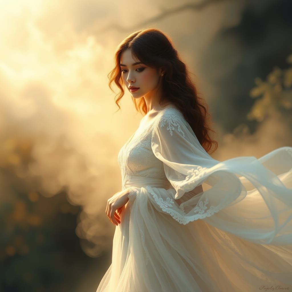 Ethereal Goddess in Whimsical White Gown