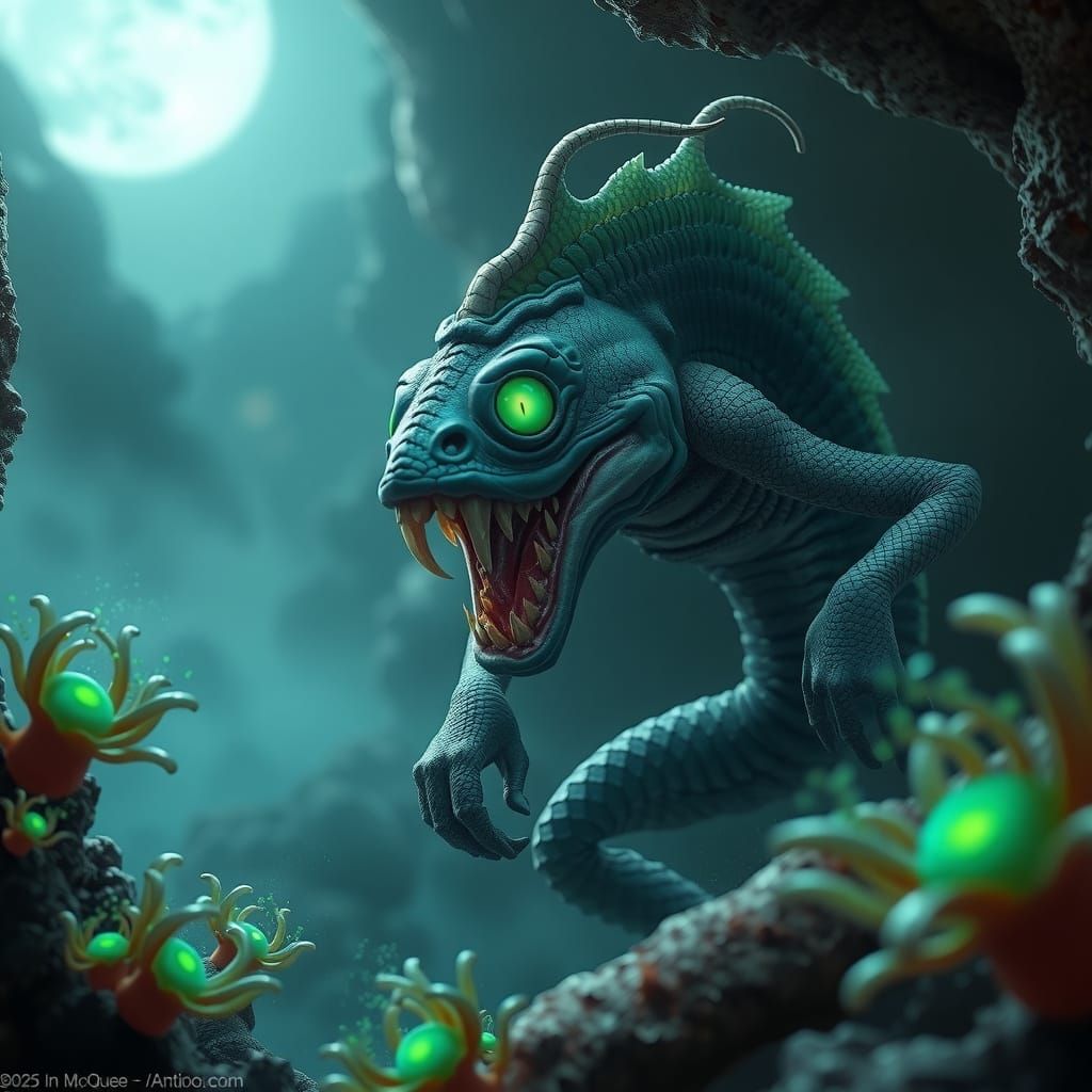 Turquoise Murloc Lurks in Moonlit Ocean Cave